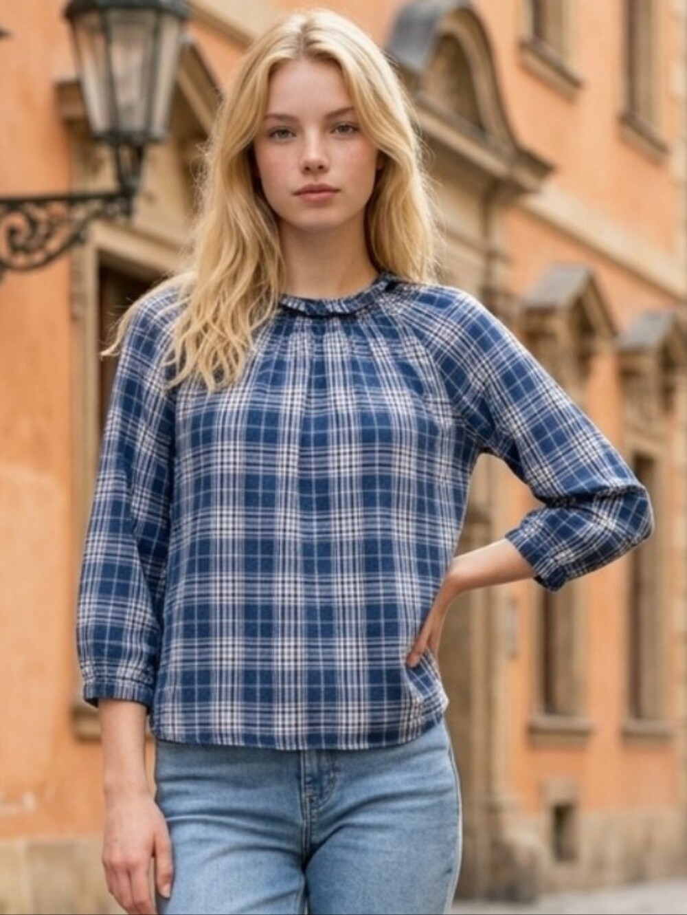 J. Crew Plaid Smocked Ruffle-Neck Blouse